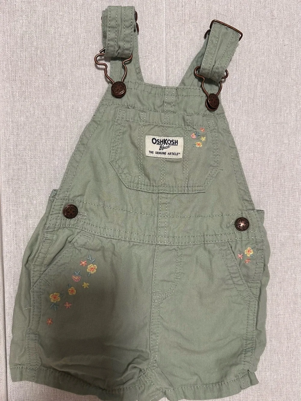 OshKosh B'gosh Light Sage Green Embroidered Short Overalls